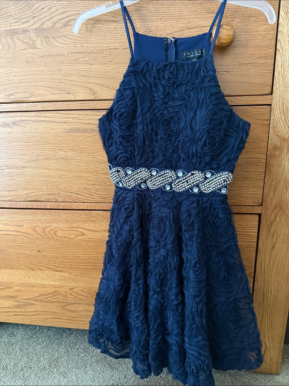 Trixxi Navy Rosette Dress with Beaded Waistband
